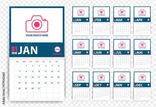 2018 photo calendar with shadow style. Blue and pink. Event planner. All size. Vector illustration