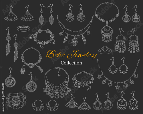 Fashionable boho jewelry accessories collection, vector hand drawn doodle illustration.