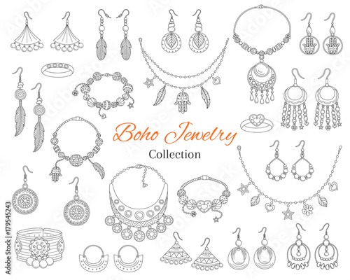 Fashionable boho jewelry accessories collection, vector hand drawn doodle illustration.