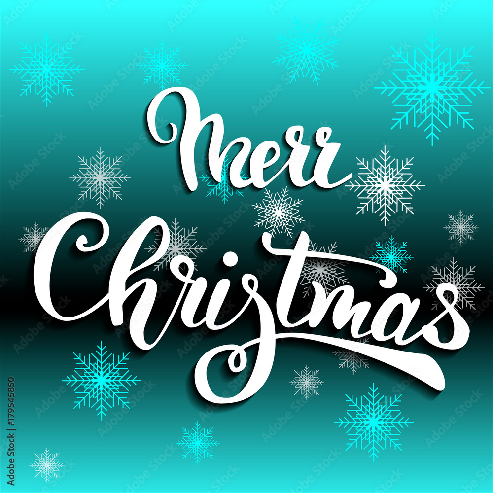 Merry Christmas handwriting script lettering. Christmas greeting background.