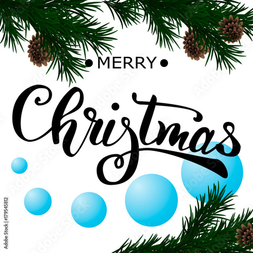 Greeting card with christmas tree and calligraphic sigh Merry Christmas.