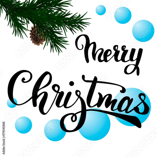 Greeting card with christmas tree and calligraphic sigh Merry Christmas.
