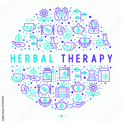 Herbal therapy concept in circle with thin line icons: herbalist, decoction, aromatic oil, oil burner, tea. Vector illustration for banner, web page, print media.