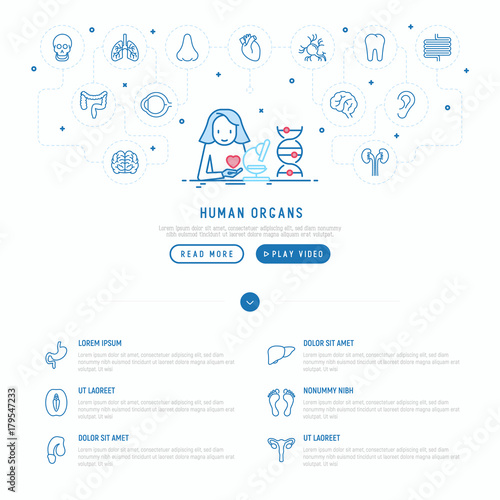 Medical check of human internal organs concept with thin line icons. Woman is looking in microscope. DNA analysis. Template for web page. Vector illustration.