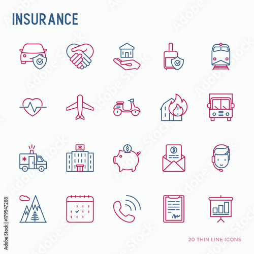 Insurance thin line icons set: health, life, car, house, savings. Modern vector illustration.
