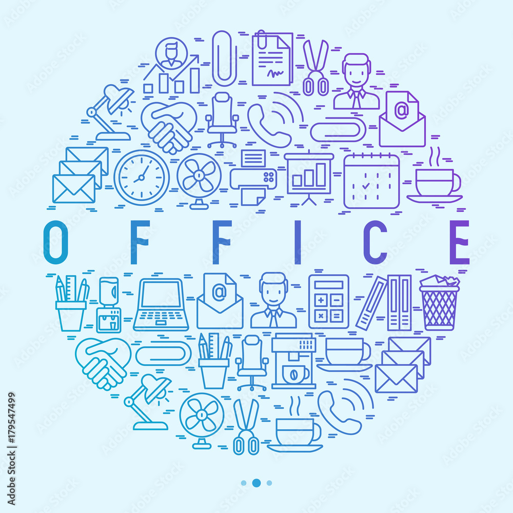 Office concept in circle with thin line icons of manager, coffee machine, chair, career growth, e-mail, folders, watercooler, lamp. Vector illustration for banner, web page, print media.