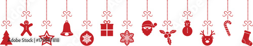 Hanging Christmas icons on white background - panoramic header. Vector.