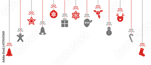 Hanging Christmas icons on white background - panoramic header. Vector.