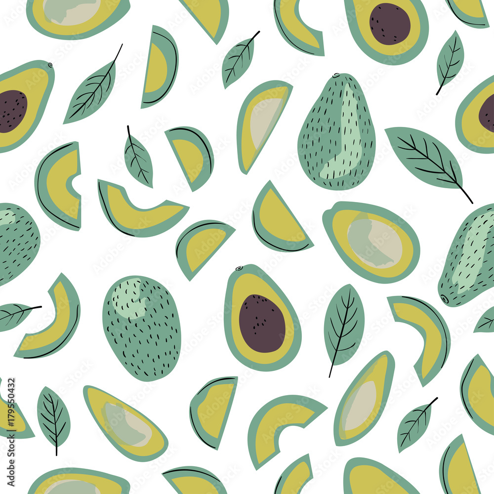 Modern decorative seamless pattern with avocado. Whole avocado, sliced pieces, half and leaf. Vector illustration Modern decorative seamless pattern with avocado. Whole avocado, sliced pieces, half and leaf. Vector illustration