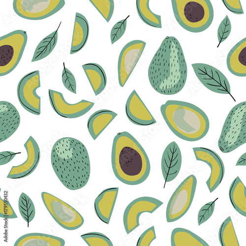 Modern decorative seamless pattern with avocado. Whole avocado, sliced pieces, half and leaf. Vector illustration
