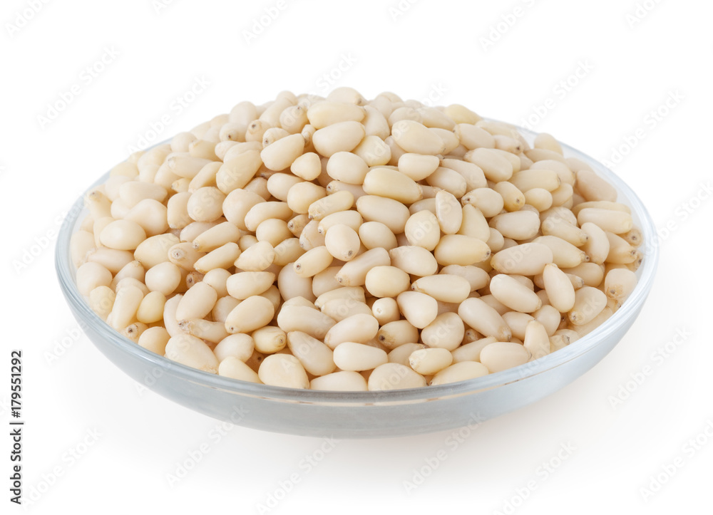 Shelled cedar pine nuts isolated on white background with clipping path