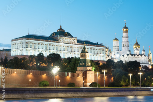 Kremlin wall, Ivan Great bell tower and Grand Palace at evening in Moscow, Russia