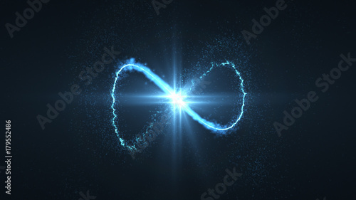 lightning blue ball flying. Shining lights in motion with small particles. Ring of electricity, Plasma ring on a dark background.