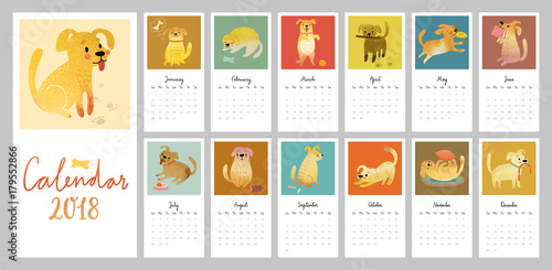 Calendar 2018. Cute monthly calendar with Watercolor dogs.