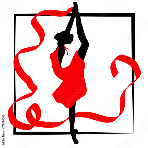Ballerina im roten Kleid, stehend auf einem Bein