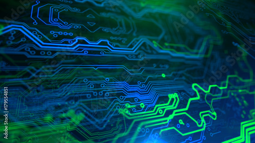 Green and Blue Motherboard Technology . Digital inegrated technology. Printed Circuit board. PCB. 3d illustration.
