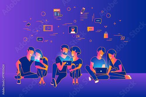 Community of young people using gadgets such as smartphone, tablet and laptop sitting on floor and enjoying networks. Gradient line vector illustration of of internet addiction and communication