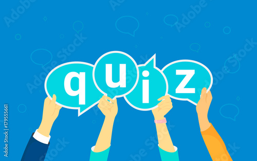 Quiz flat concept vector illustration of young people like answering questions online. Flat human hands hold quiz big speech bubbels with letters on blue background