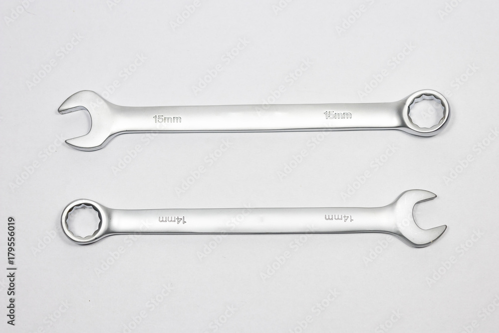 Steel wrench coated with chrome with white background Steel wrench coated with chrome with white background