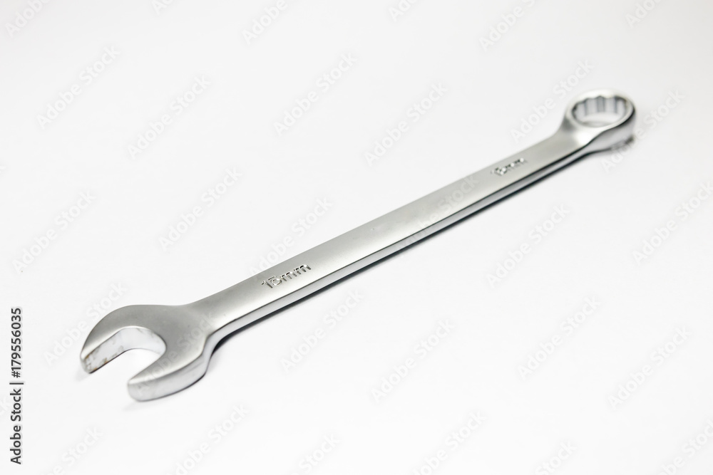 Steel wrench coated with chrome with white background Steel wrench coated with chrome with white background