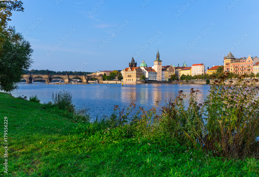 Prague at the Vltava river with Charles Bridge in background, Czech Republic