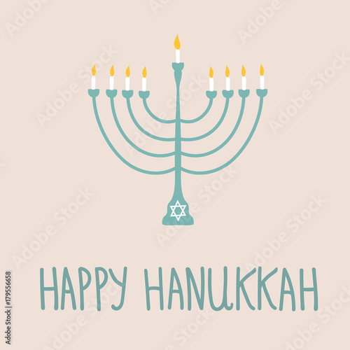 Hand Drawn Blue Menorah Candle Holder Silhouette Golden Flame Lights on Beige Background. White David Star. Happy Hanukkah Hand Lettering Jewish Holiday Greeting Card Poster Invitation Template