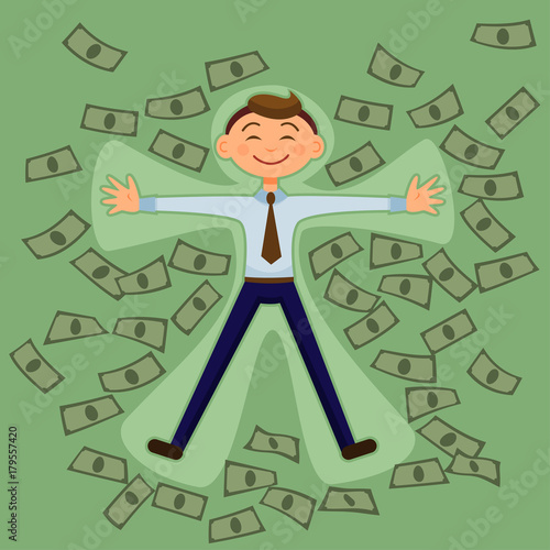 Financier banker rolls in money laying on the heap of paper money cash greenbacks. Vector illustration colorful on green bucks background
