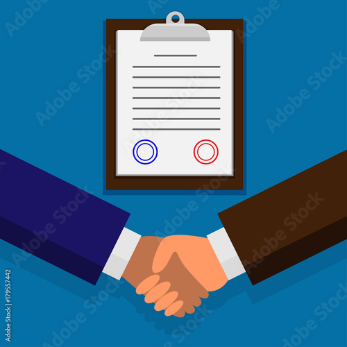 Business men partners dealing a transaction by shaking hands and singing the contract. Vector illustration colorful on solid blue background