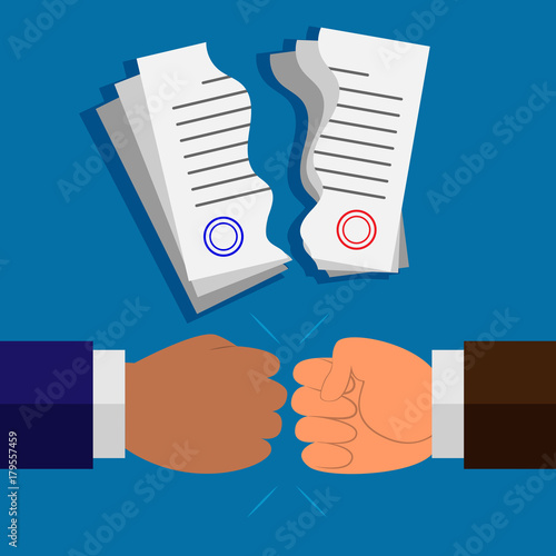 Businessmen former partners terminate contract by poking fists. Vector illustration colorful on solid light blue background photo