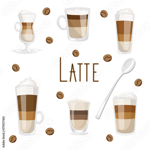 Collection of coffee drinks with milk as caffe latte, macchiato, cappuccino, flat white, top with whipped cream. Vector illustration colorful isolated on white background