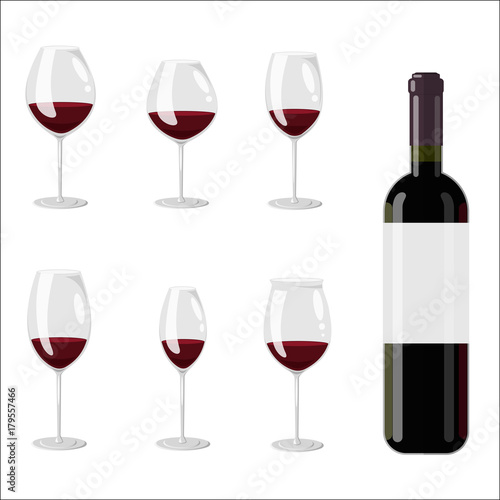Collection of wine glasses and bottle with red wine cabernet sauvignon, merlot, bordeaux, burgundy, pinot noir, shiraz, zinfandel, malbec. Vector illustration colorful isolated on white background