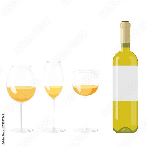 Collection of wine glasses and bottle with white wine chardonnay, sauvignon, riesling. Vector illustration colorful isolated on white background