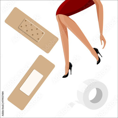 Woman in red dress uses antibacterial adhesive sticky medical plaster elastoplast as remedy for her legs in high heeled shoes. Vector illustration colorful isolated on white background