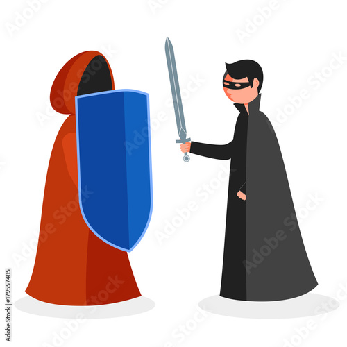 Two warriors fighting, man in red hooded mantle defend with shield against the criminal conspiracy of skurk man in black in mask with sword. Vector illustration colorful isolated on white background photo