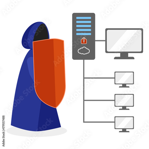 Defender in blue hooded mantle with red shield as metaphor defender cyber security of network server cloud data. Vector illustration colorful isolated on white background
