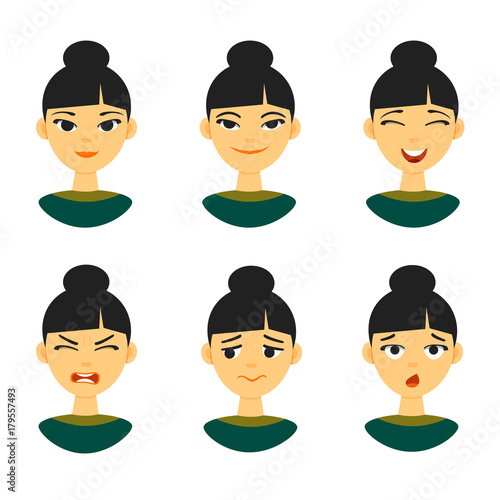 Collection of different Chinese asian female woman emotions expression emoji. Vector illustration isolated on white background