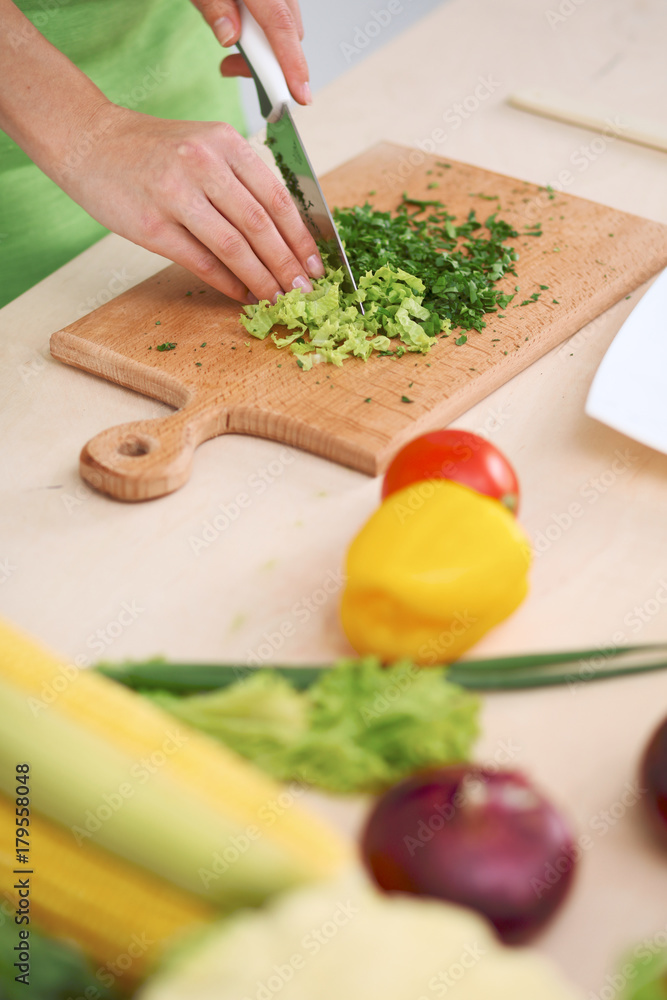 Close-up of human hands cooking vegetables salad in kitchen. Healthy meal and vegetarian concept Close-up of human hands cooking vegetables salad in kitchen. Healthy meal and vegetarian concept