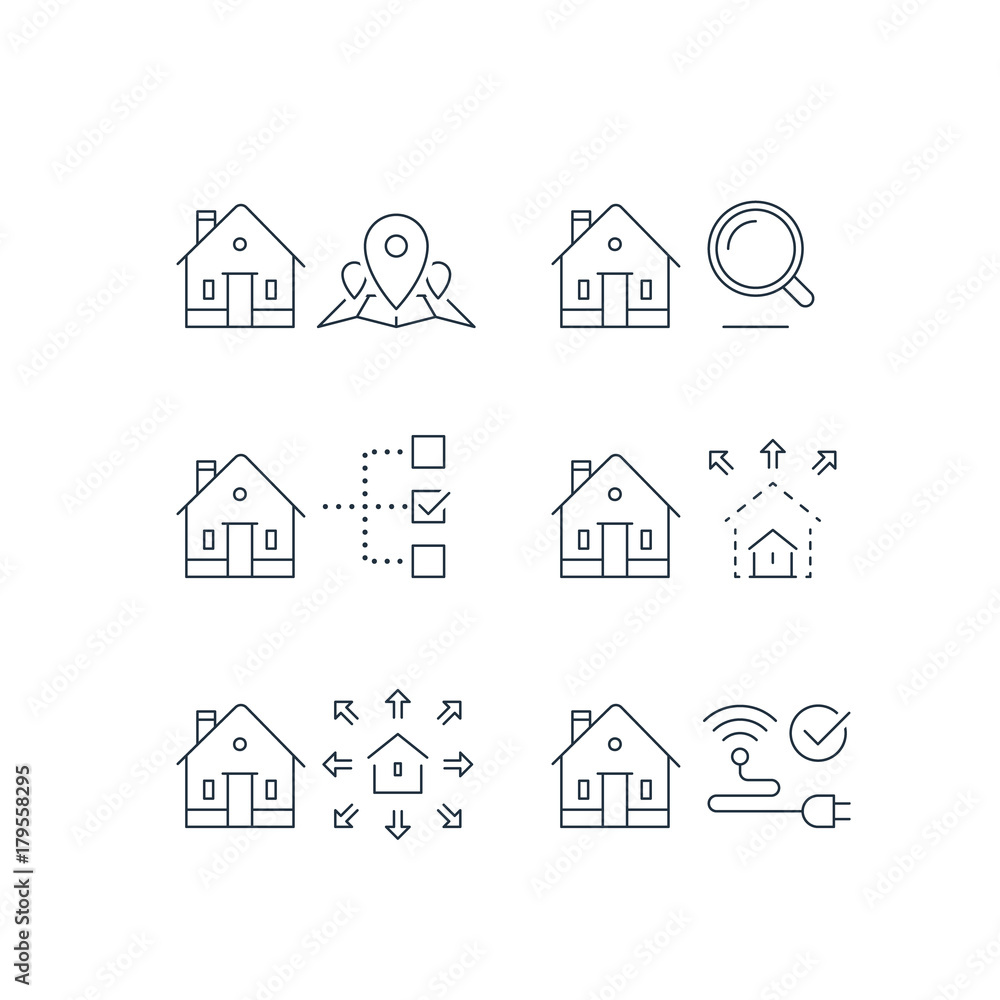 Search criteria, real estate services, location mark on map, size  parameter, smart home, wireless internet connection, stroke icon Stock  Vector | Adobe Stock
