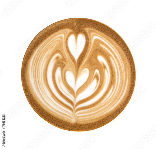 Top view of hot coffee cappuccino latte art foam isolated on white background, clipping path included