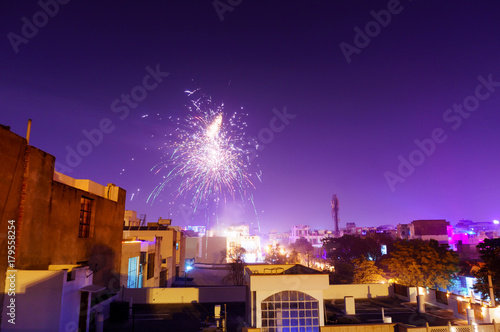 Beautiful fireworks over the suburb homes in jaipur city. This is a common sight on diwali, makar sankranti and dussera © Memories Over Mocha