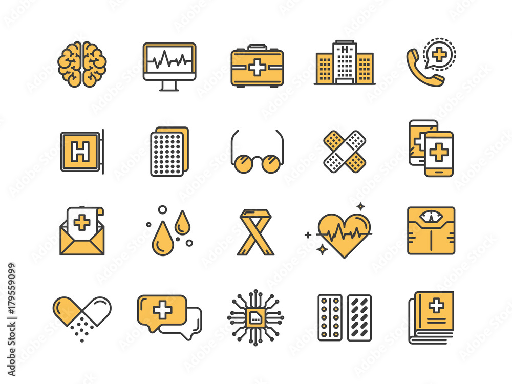 Health care, medicine. First aid. Medical blood tests and diagnostic. Heart cardiogram. Pills and drugs.Thin line web icon set. Outline icons collection.Vector illustration.