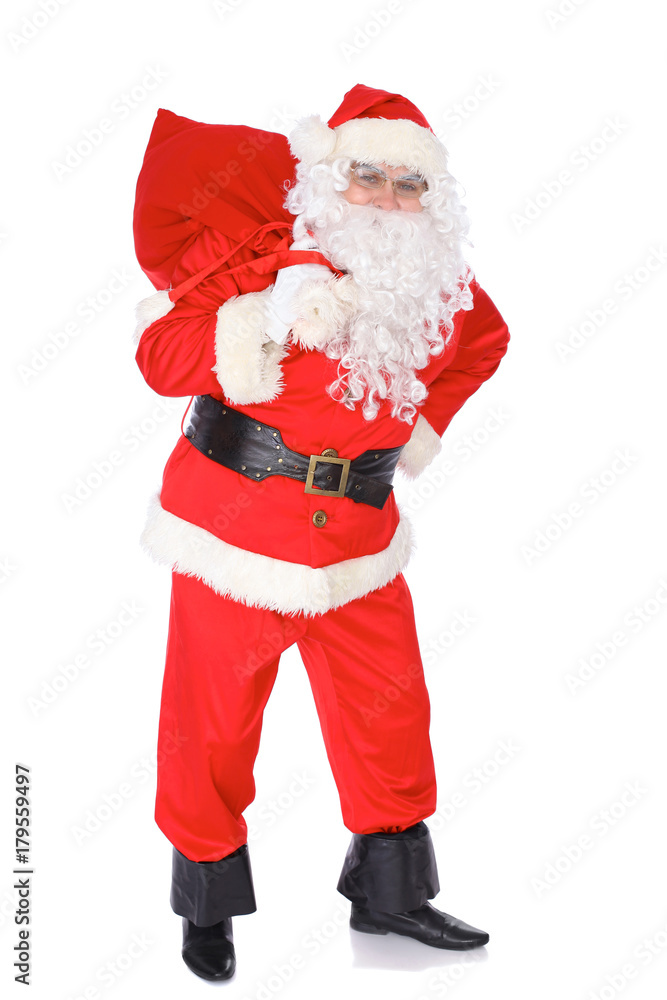 Santa Claus carrying big bag. Isolated on white background. Full length portrait Santa Claus carrying big bag. Isolated on white background. Full length portrait