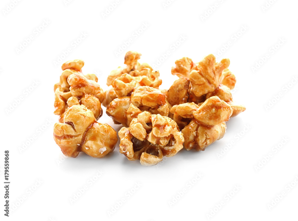 Tasty caramel popcorn on white background Tasty caramel popcorn on white background