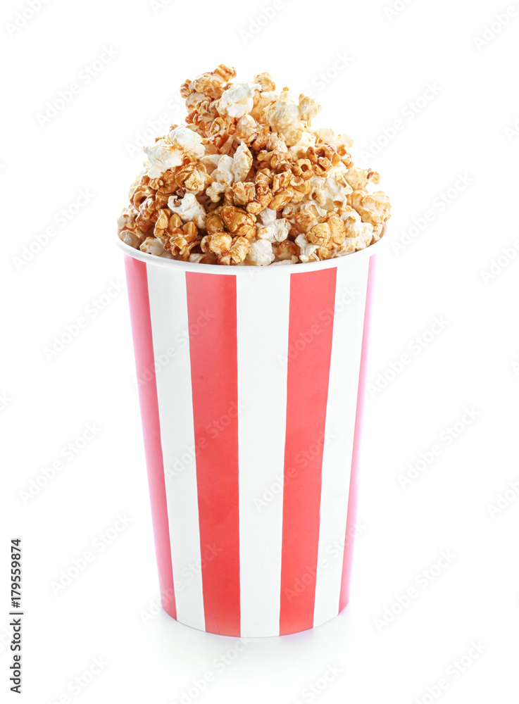Cup with tasty caramel popcorn on white background Cup with tasty caramel popcorn on white background
