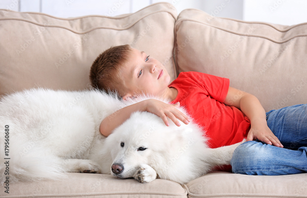 Cute little boy with dog at home Cute little boy with dog at home