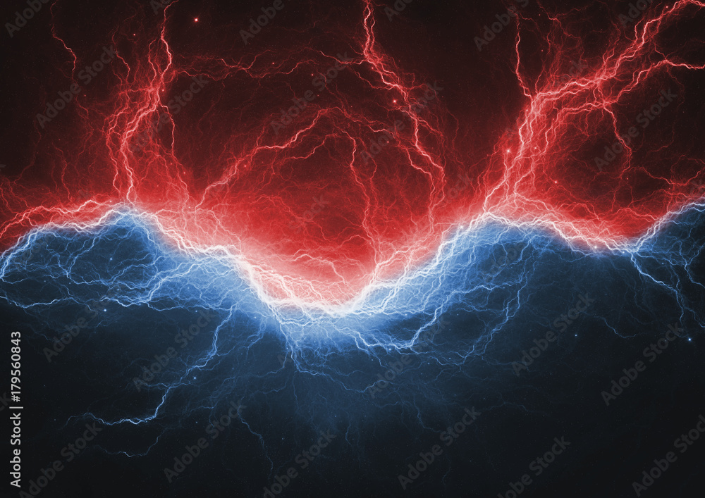 Fototapeta premium Hot red fire and cold ice lightning, abstract electrical background
