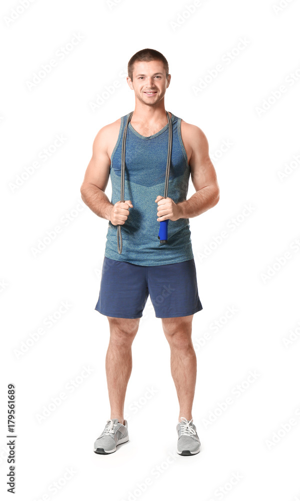 Young man with jumping rope on white background Young man with jumping rope on white background