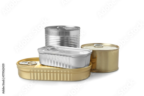 Different tin cans on white background