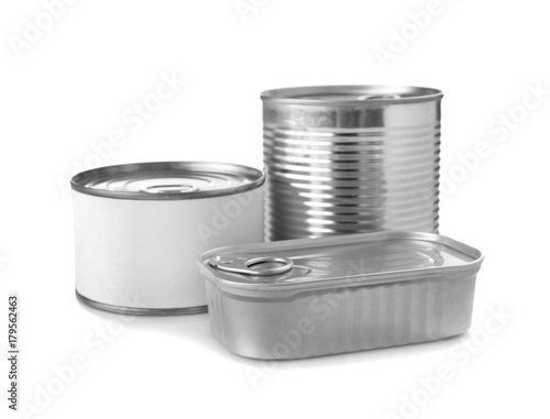 Different tin cans on white background