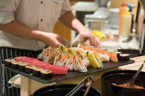  Japanese sushi salmon on a buffet
